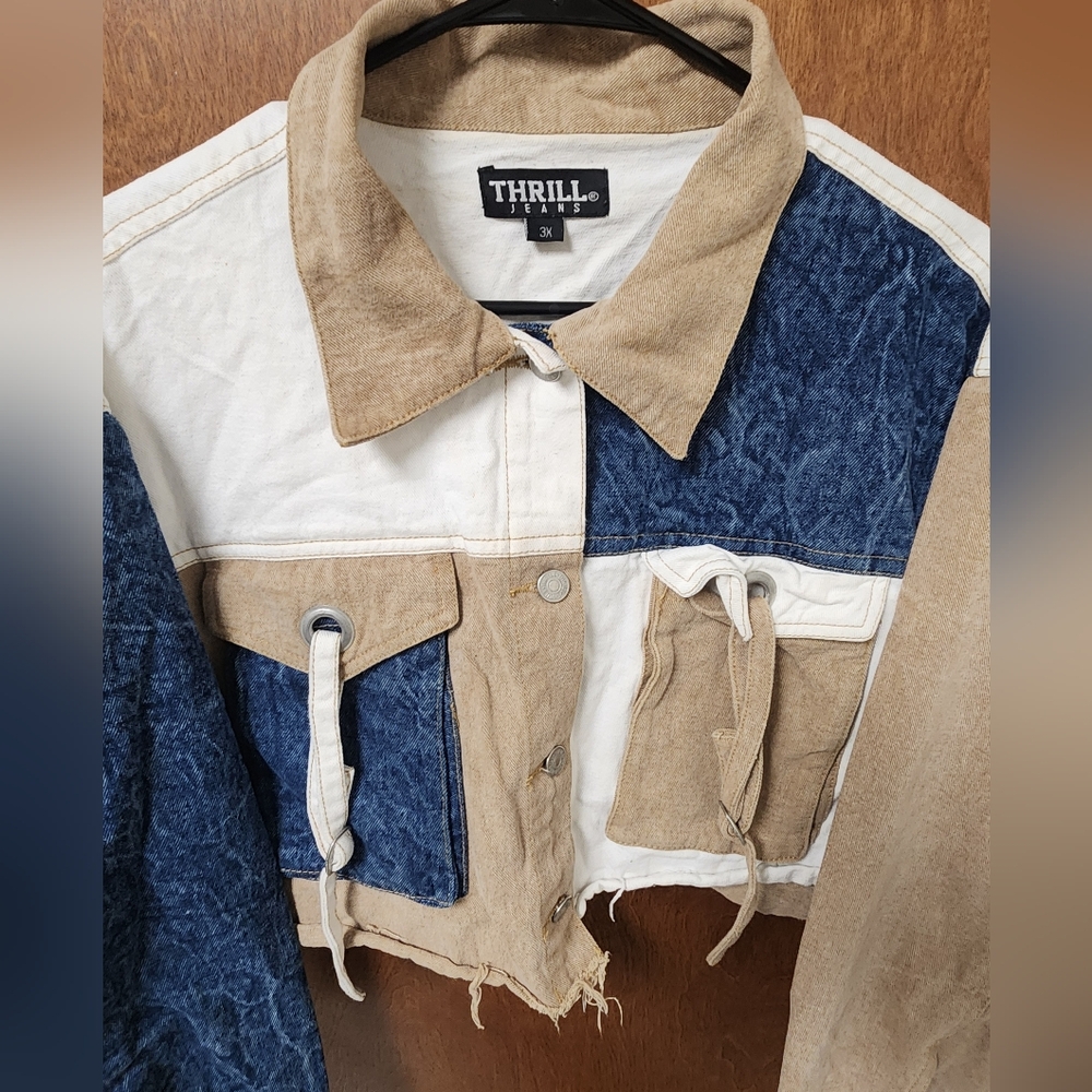 Thrill Women's Denim And Beige Patchwork Jacket - image 3